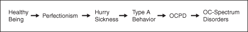 This image shows the progression from a Healthy Being to one with OCD. A Healthy Person falls to Perfectionism, which leads to Hurry Sickness, which leads to Type A Behavior, which leads to OCPD and finally to OC-Specturm Disorders.